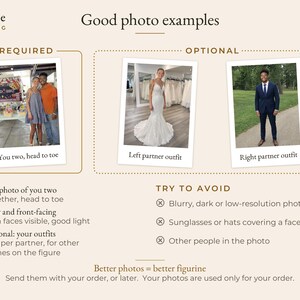May include: An informational graphic titled Conjure Wedding with beige background, displaying three polaroid-style photos as examples. It includes text instructions for required and optional photo submissions, plus a list of photo types to avoid.