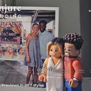 May include: A custom-made plastic figurine set featuring two figures modeled after a photograph of a couple. The figures are standing in front of a printed photo showing a person in a blue gingham dress and a person in a light blue shirt.