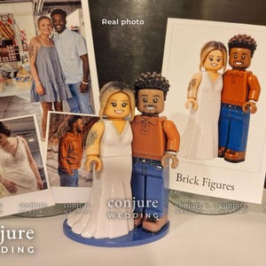 May include: A custom wedding cake topper featuring two plastic brick-style figures standing on a blue circular base. One figure wears a white gown with a V-neck, and the other wears an orange polo shirt with blue pants. Three photographs are displayed.