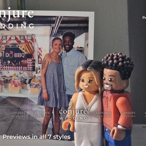 May include: A custom-made plastic figurine set featuring two figures modeled after a photograph. The figures are styled as a couple, with one wearing a white dress and the other in an orange shirt and blue pants, standing before a printed photo.