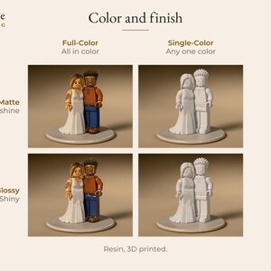May include: A comparison chart for custom 3D printed resin figurines showing four variations of a couple. Options include full-color or single-color finishes, each available in either a matte or glossy texture. The text reads Conjure Wedding, Color and finish, Full-Color, Single-Color, Matte, Glossy, and Resin, 3D printed.