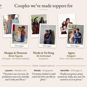 May include: A collage titled Couples we've made toppers for featuring three sets of custom wedding cake toppers alongside reference photos. The figures include brick-style characters, 3D animated style figures, and origami-inspired designs.