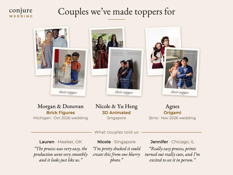 May include: A collage titled Couples we've made toppers for featuring three sets of custom wedding cake toppers alongside reference photos. The figures include brick-style characters, 3D animated style figures, and origami-inspired designs.