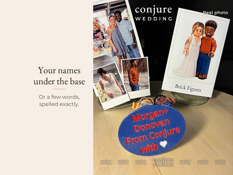 May include: A blue oval base with the red text Morgan+ Donovan From Conjure with a white heart symbol. Above it are three photographs showing a couple and a pair of brick figures in wedding attire with the text Conjure WEDDING and Brick Figures.