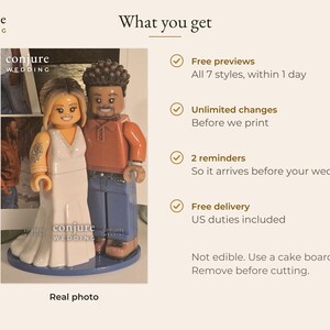 May include: A custom cake topper featuring two plastic figures resembling a bride in a white dress and a partner in an orange shirt and blue jeans, standing on a blue circular base. The text "conjure WEDDING" is visible on the base and top left.