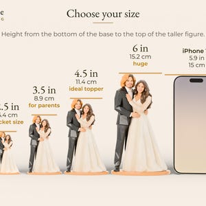 May include: A size comparison chart for wedding cake toppers featuring four pairs of figures in varying heights from 2.5 inches to 6 inches, alongside an iPhone 17. Text includes 'conjure WEDDING', 'Choose your size', and specific measurements.