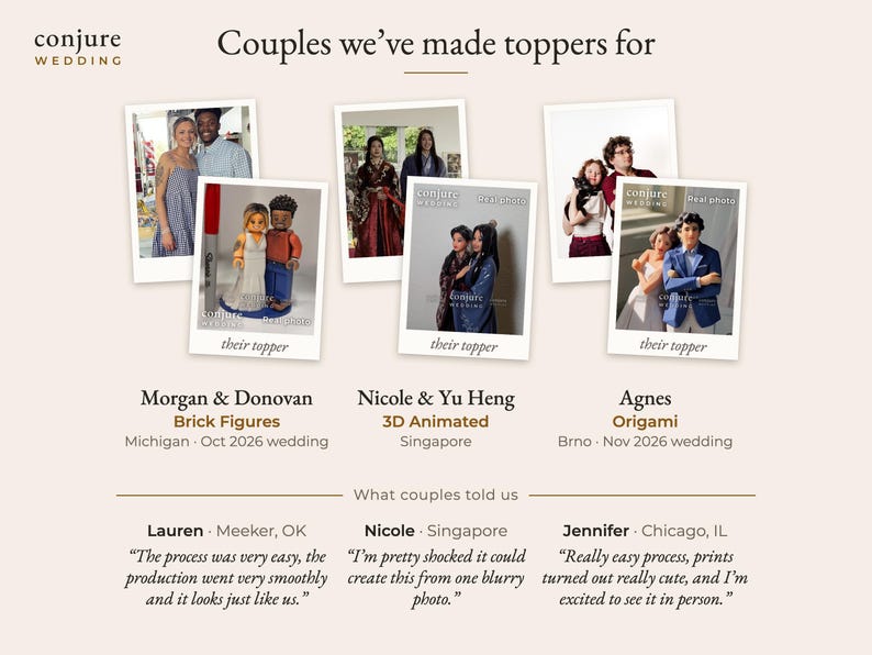 Op de afbeelding: Een collage getiteld Couples we've made toppers for met drie sets op maat gemaakte bruidstaarttoppers naast referentiefoto's. De figuren omvatten baksteenstijlen, 3D-geanimeerde stijlen en op origami ge&iuml;nspireerde ontwerpen.