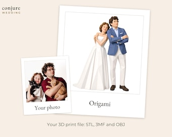Op de afbeelding: Een digitale vergelijking met een foto van twee personen die katten vasthouden naast een gestileerd 3D-figuurtje van een koppel in trouwkleding. De tekst luidt "conjure WEDDING", "Your photo", "Origami" en "Your 3D print file: STL, 3MF and OBJ".