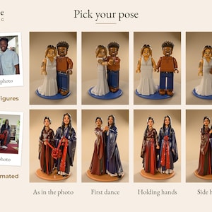 May include: A display showing custom wedding cake toppers in two styles: brick figures and 3D animated figures. Each style features two pairs of figures in four distinct poses labeled as in the photo, first dance, holding hands, and side hold.