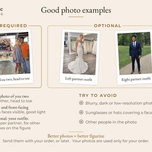 May include: An informational graphic titled Conjure Wedding with beige background, displaying three polaroid-style photos as examples. It includes text instructions for required and optional photo submissions, plus a list of photo types to avoid.