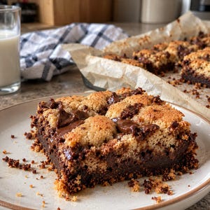 Op de afbeelding: Een vierkante brownie met een laag koekjesdeeg en gesmolten chocoladestukjes op een wit bord. De brownie heeft een donkerbruine, dichte basis met een goudbruine, textuurrijke koekjesdeeglaag en zichtbare poelen gesmolten chocolade.