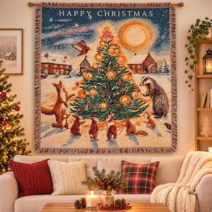Woodland Christmas Tapestry, Festive Rabbit & Forest Animals Wall Hanging, Vintage Winter Throw Blanket