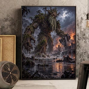 May include: A framed wall art print depicting a towering, moss-covered tree creature standing in a body of water near a burning stone structure under a dark, stormy sky. The artwork features deep greens, browns, and fiery orange highlights.
