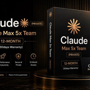 May include: A black rectangular box and a matching card featuring the gold text Claude Max 5x Team (PRIVATE) and a starburst logo. The box displays 12-MONTH and 30days Warranty text. Icons represent team access, performance, security, and 12-month access.