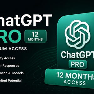 May include: A digital graphic for ChatGPT PRO featuring a teal and black color scheme. The text reads ChatGPT PRO, 12 MONTHS, PREMIUM ACCESS, Priority Access, Faster Responses, Advanced AI Models, and Unlimited Potential with a logo icon.