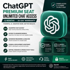 May include: A digital advertisement for ChatGPT Premium Seat featuring a teal square icon with a white geometric logo. The text includes ChatGPT Premium Seat, Unlimited Chat Access, 12 Months, 30-Day Warranty, and lists features like advanced models, reasoning, and coding assistance.