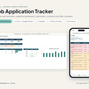 Pode incluir: Um modelo digital de rastreamento de candidaturas de emprego para Excel e Google Sheets. A interface exibe um painel com tabelas de dados, gráficos de barras e uma visualização móvel com uma lista de candidaturas e atualizações de status.