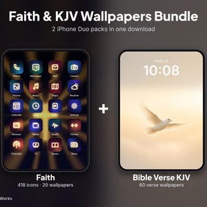 May include: Faith & KJV Wallpapers Bundle featuring 2 iPhone Duo packs. One screen displays dark app icons with glowing edges, the other shows a lock screen with a white dove and the text Friday 23 10:08. Includes 418 icons and 80 total wallpapers.