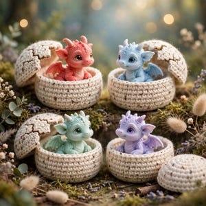 May include: Four small dragon figurines in red, light blue, mint green, and lavender, each nestled inside a round, cream-coloured crocheted egg-shaped container with a matching removable lid resting beside or above the creature.