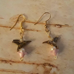 Earrings / Gold Plated Hummingbird / Faux Pearl Flower Beads /  Hypo Allergenic Hooks for Sensitive Ears.