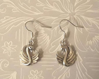 Earrings / Swan Charm / Sterling Silver Hooks for Sensitive Ears.