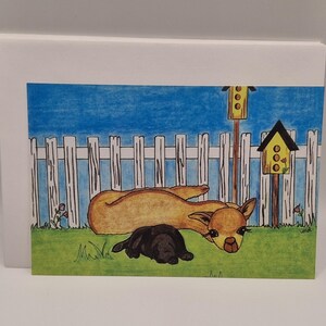 Alpaca Nap with Puppy/ Bird Houses/ Greeting Cards/ Cute Art Print/ Wall Art/ Wall Decore/ Cards Include White Envelope. Blank Inside.