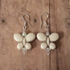 Earrings / Ivory Howlite Turquoise Butterfly / Faux Pearls /  Hypo Allergenic Hooks for Sensitive Ears.