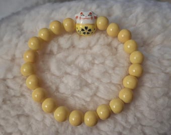 Good Fortune Happy Cat/Lucky Cat/Ceramic Beads/Stretch Bracelet.