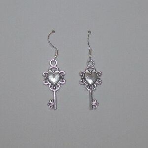 Earrings / Heart Key Charm / High Quality Sterling Silver Hooks for Sensitive Ears.