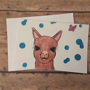 Alpaca / Bubbles /Butterfly/ Greeting Cards / Cute Art Print / Wall Art / Wall Decor / Cards Include White Envelopes / Blank Inside.