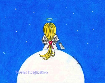 Angel / Moon / Birdy /Cute Art Print / Wall Art / Wall Decor.
