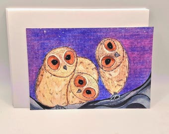 Curious Owls / Greeting Cards/ Cute Art Print / Wall Art / Wall Decor / Cards Include White Envelopes / Blank Inside.