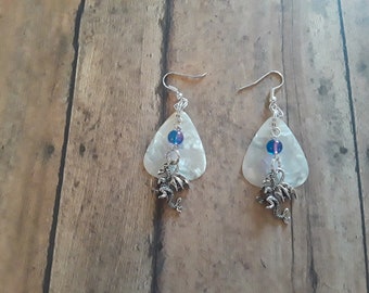 Earrings / Dragon Charm/ High Quality Glass Beads / Pearlized Guitar Pick / Hypo Allergenic Hooks.