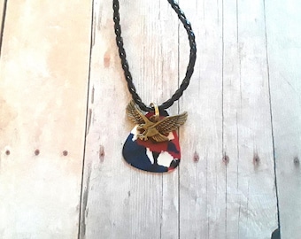 Eagle Charm/ Red White and Blue Guitar Pick / Braided Faux Leather Choker Necklace / 17 inches long.