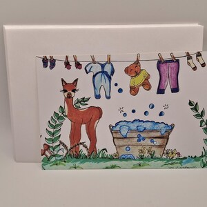 Alpaca/ Clothesline ( White Background) Greeting Cards / Cute Art Print / Wall Art/ Wall Decor/ Cards Include White Envelopes/ Blank Inside.