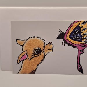 Alpaca / Butterfly Closeup/ Greeting Cards / Cute Art Print / Wall Art / Wall Decor / Cards Include White Envelopes / Blank Inside.