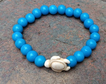 Turtle /Baby Blue Ceramic Beads/Stretch Bracelet.