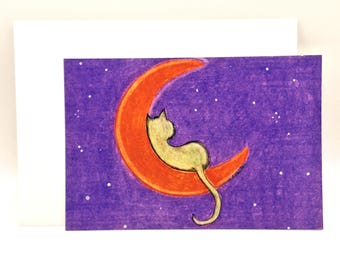 Cat on the Moon / Stars/ Greeting  Cards / Cute Art Print /Includes  Envelope /  Blank Inside.