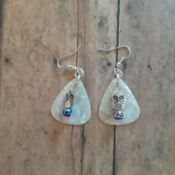 Earrings / Owl Charm /  High Quality Glass Beads / White Pearlized Guitar Pick / Hypo Allergenic Hooks.