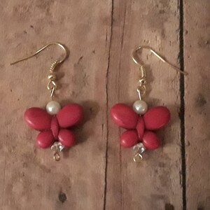 Earrings /Howlite Turquoise Butterfly / Faux Pearls /  Hypo Allergenic Hooks for Sensitive Ears.