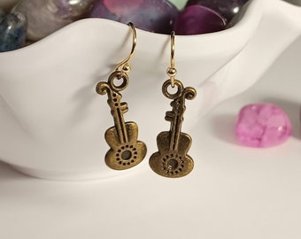 Cool Guitar Charm Dangle Earrings / Antique Gold /Hypo Allergenic/ Beautiful Ball Hooks for Sensitive Ears.