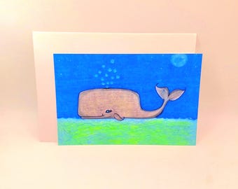 Whale / Bubbles/ Full Moon / Greeting Cards / Art Prints Available/ Wall Art/ Wall Decor/ Cards Include White Envelopes/  Blank Inside.