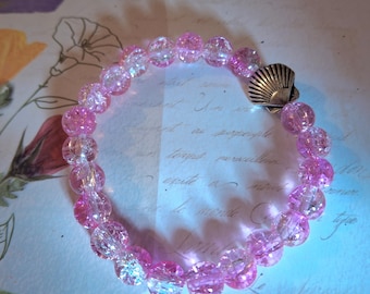 Ocean Sea Shell/ Pink Crystal Glass Beads /Stretch Bracelet
