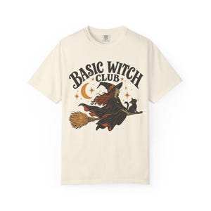 Basic Witch Club T-shirt | Witch on Broom, Black Cat, Moon, Retro Halloween
