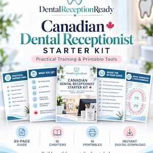 Peut inclure: Un kit de démarrage pour réceptionniste dentaire canadien comprenant un guide de 89 pages, 16 chapitres et 16 formulaires imprimables. Le kit inclut des modèles pratiques, des exemples réels et des tableaux de terminologie dentaire.