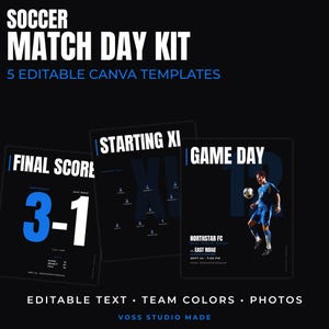 Può includere: Un kit digitale per giornate di partite di calcio con cinque modelli Canva modificabili su sfondo nero con testo blu e bianco. I modelli mostrano layout per risultati finali, formazioni iniziali e annunci di partite con testo personalizzabile.