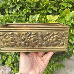 May include: A rectangular brass planter featuring a raised relief design of blooming roses and detailed leaves along the front panel. The metal container has a textured finish and a structured rim, showcasing a metallic gold tone throughout.