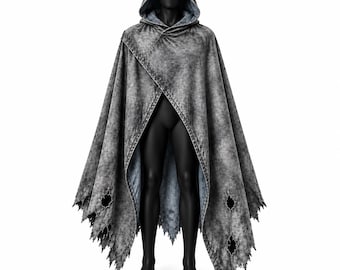 Verweerde donkere fantasiecape met capuchon, gotisch middeleeuws kostuum, Halloween cosplay