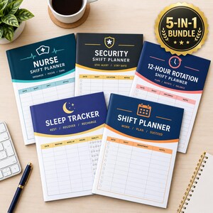 May include: A 5-in-1 bundle of five planners including a Nurse Shift Planner, Security Shift Planner, 12-Hour Rotation Shift Planner, Sleep Tracker, and Shift Planner. Each planner features a grid layout for tracking dates, shifts, and notes.