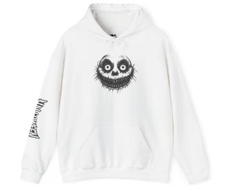 Hand-Sketched Grinning Face Hoodie, Spooky Halloween Sweatshirt, Vertical Sleeve Print